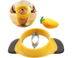 Mangosnijder - met roestvrijstalen mes en fruithouder - geschikt voor exotisch fruit - vaatwasserbestendig - geel - 19,8 x 13,3 cm