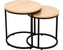Mano Leisure Bijzettafelset 2-delig – Rond – Eikenhoutlook & Zwart Metaal – Nesting Tafels – Ø40 en Ø35 cm