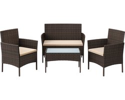 Mara Tuinmeubelset 4-Delig - Loungeset - Terrasmeubels - 2 Stoelen - 1 Bank - Salontafel - Kussens - Bruin/Taupe