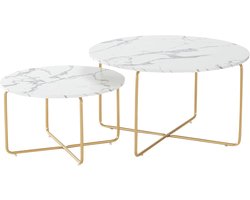 Marble Coffee Table, White, Round Marble Table for Living Room, Coffee Table, Round, Set of 2, Sofa, Side Table, Sofa Table, Round with Champagne Gold Frame (Artificial Marble)