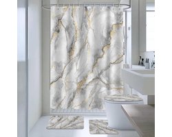 Marble Douchegordijn Sets - 4 Delige Abstract Grijze Douchegordijn Set met Antislip Vloermatten - Moderne Toiletdeksel Cover en Badmat, Bad Gordijn voor Badkamer Decoratie (Haken Inbegrepen)