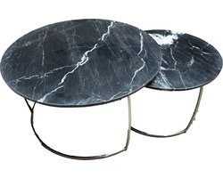 Marble Living ® | Salontafel Set van 2 - Zwart (Black) | Marmer Look - Ø75 / Ø 60 - Bijzettafel - Tafel Rond - Woonkamer Tafel - Decoratie Tafel - Salon Tafel - Wandtafel - Koffietafel - Zilveren Metalen Frame