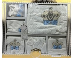Marco Rossi Luxe 11-delige Baby Cadeauset - Geboorte Set - Gift - Blauw - met Kroon & Parels - Kraamcadeau Jongen & Meisje - 0-4 maanden