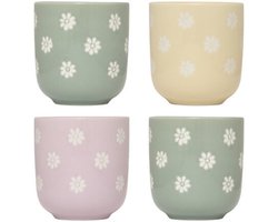 Margot Espressokopjes Set van 4 - Zachte Bloemetjes Print - 10 cl - Incl. 2x Groen, 1x Roze, 1x Geel