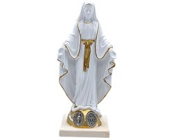 Maria Beeldje met Gouden Details en Medaillon – Wit Polystone Beeld, Handgemaakt in Italië, 15 cm Hoog, Religieus Katholiek Bijbel Sculptuur, Kunst en Decoratie voor Binnen