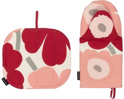 Marimekko Pieni Unikko pannenlap + ovenwant rood / roze