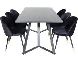 MarinaBLBL eethoek eetkamertafel zwart en 6 Velvet eetkamerstal velours zwart, messing decor.