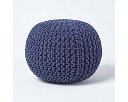 Marineblauwe Gebreide Poef Voetbank van 100% Katoen – Ideaal voor Woonkamer, Kinderen en Ouderen