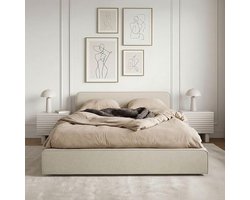 Marini Luxe Gestoffeerd Tweepersoonsbed 120x200 cm Beige met Lattenbodem en Gevoerd Hoofdbord – Modern Houten Bedframe met Stevige Constructie en Comfortabele Slaapervaring