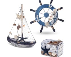Maritieme badkamerdecoratie set van 3 - stuurwiel, zeilschip en schatkist van hout - liefdevol vormgegeven badkameraccessoires met details (design 2-4)