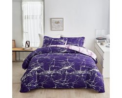 Marmer beddengoed, 200 x 200 cm, 3-delige set, gemarmerd paars, 1 x dekbedovertrek 200 x 200 cm en 2 x kussenslopen van 80 x 80 cm, microvezel, wit, bliksempatroon voor dames en heren, met ritssluiting, paars
