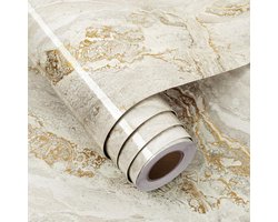Marmereffect zelfklevend behang - Luxe uitstraling - 1 stuk - Beige en goud - 60 cm x 5 m