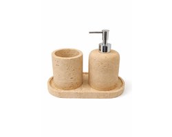 Marmeren Badkameraccessoires Set – 3-delig – Tray, Zeepdispenser & Tandenborstelhouder – Travertin Beige – Luxe Afwerking met Zilveren Details