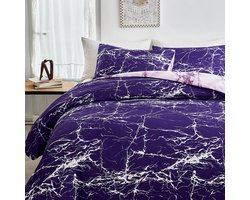 Marmeren beddengoed, 135 x 200 cm, 2-delig, gemarmerd, paars, 1 x dekbedovertrek van 135 x 200 cm en 1 x kussensloop 80 x 80 cm, microvezel, wit, bliksempatroon, voor eenpersoonsbed, met