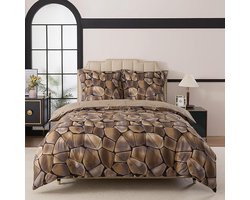 Marmeren beddengoed, 240 x 220 cm, 3-delig, bruin gemarmerd steenpatroon, beddengoedset 240 x 220 cm en 2 kussenslopen van 80 x 80 cm, met ritssluiting, zacht, licht, omkeerbaar