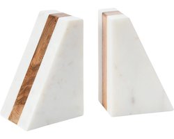 Marmeren Boekensteunen met Houten Inleg - Geometrisch Driehoek Design - Set van 2 - Wit
