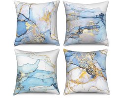 Marmeren kussenslopen 40 x 40 cm, set van 4, blauw gouden gradiënt abstracte marmeren textuur inkt decoratieve kussenslopen aquarel moderne kunst linnen kussenslopen voor sofa bank bed home decor