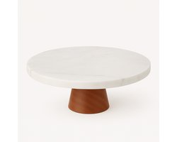 Marmeren Taartplateau op Houten Voet – Luxe Taartschaal / Cake Stand – Ø 25 x H 8 cm – Marmer & Hout – 2,6 kg