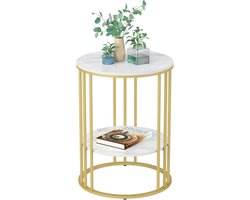 Marmeren Top Bijzettafel Goud: Kleine Cirkel Eindtafels 40 x 54 cm Gesinterd Stenen Nachtkastje met Metalen Gouden Poten Modern Wit Nachtkastje 2 Tier Ronde Sofa Salontafel voor Slaapkamer Woonkamer