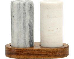 Marmeren Zout- en Peperstrooier Set met Acaciahouten Houder - Grijs & Wit