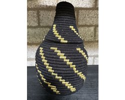 Marokkaanse Berber mand - M - 012 - zwart+goud - hoogte 29 cm x dia 15 cm - vintage manden - handgemaakt - wollen manden