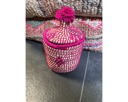Marokkaanse Berber mand - M - 014 - roze + goud- hoogte 26 cm x dia 16 cm - met pompom - vintage manden - handgemaakt - wollen manden