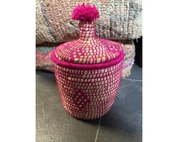 Marokkaanse Berber mand - XL - 013 - roze + goud- hoogte 32 cm x dia 21 cm - met pompom - vintage manden - handgemaakt - wollen manden