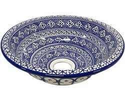 Marokkaanse Handgemaakte Keramieken Waskom - Blauw-Wit Oosters Design - 40 cm Breed - Wastafel - Wasbak - Arabisch