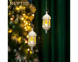Marokkaanse hangende kaarslantaarn, wit: lantaarns voor kaarsen, theelichthouder van metaalglas, decoratieve theelichtlamp, binnen buiten met ketting voor terras, tuin, kerstversiering, pak