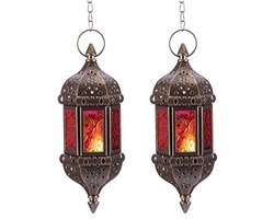 Marokkaanse Hangende Kandelaar Set van 2 - Decoratieve Lantaarns voor Theelichten - Bruin met Metalen en Glazen Afwerking voor Woonkamer, Balkon en Patio