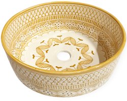 Marokkaanse keramische waskom - Handgemaakt - Ø 35 cm - Wit met gele patronen - Wastafel - Wasbak