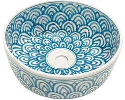 Marokkaanse keramische waskom - Handgemaakte opbouw-wasbak - Ø 35 cm - Wit & lichtblauw design
