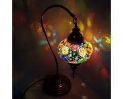Marokkaanse Lamp - tafellamp met bronzen basis en glazen kap - hoogte 43 cm - multicolor design