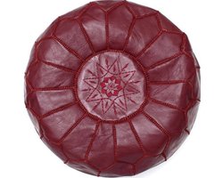 Marokkaanse Leren Poef – Handgemaakt & Gevuld Geleverd– Bordeaux Rood – Ø 45 cm – Traditioneel Geometrisch Patroon – Multifunctionele Voetenbank / Bijzettafel