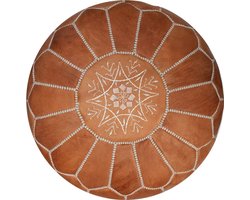 Marokkaanse Leren Poef – Handgemaakt & Gevuld Geleverd – Ø 55 cm – Bruin (Natural Tan) – Multifunctioneel als Voetenbank, Bijzettafel of Sitzak