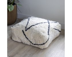 Marokkaanse Poef - Beni Ouarain - Wit met zwarte lijnen - 100% wol - Handmade in Marrakech