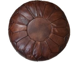 Marokkaanse Poef XL – Echt Leer – Voetenbank & Zitpoef – Ø55 cm – Donkerbruin – Boho Woonkamer Decoratie