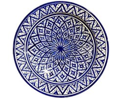 Marokkaanse Schaal - Decoratieve Kom - Sfeervol Interieur - Handbeschilderd Motief - ø 35 cm - Blauw Zwart