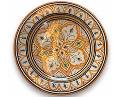 Marokkaanse Schaal - Handgemaakte Aardewerk Kom - Beschilderde Serveerschaal - Fruitschaal & Decoratieve Kom - Oosterse Keramiek met Patroon - Ø35 cm - Oranje