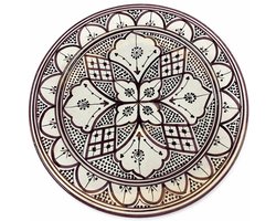Marokkaanse Schaal - Handgemaakte Donker Paarse Keramische Fruitschaal - Handbeschilderde Serveerschaal - Oosterse Decoratieschaal - Traditioneel Marokkaans Design- Ø35 cm - Bruin Wit