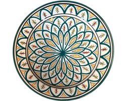 Marokkaanse Serveerschaal Ø35 cm - Handgemaakt Keramiek - Groen met Oranje Geometrisch Bloempatroon