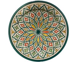 Marokkaanse Serveerschaal Zwaka Groen - Handbeschilderd Aardewerk Ø35 cm - Platte Serveerschaal - Groot Bord - Plat