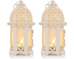 Marokkaanse stijl kaars lantaarn set van 2 - theelicht kaars houders voor binnen en buiten - decoratief glazen paneel - gelegenheden zoals kerstfeesten en bruiloften - wit.
