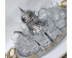 Marokkaanse theeset - Theepot met glazen - Gezellig theemoment - Incl. 12 glazen - 46 cm dienblad - Zilver