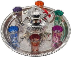 Marokkaanse Theeset - Theepot met glazen - Thee Zetten - Handgemaakt in Fez - Theepot 750ml Dienblad 33cm - Zilver
