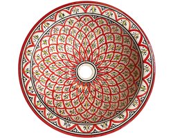 Marokkaanse waskom - Handgemaakte aardewerk opbouw-wasbak - Ø 40 cm - Bordeauxrood & wit design - Wastafel -