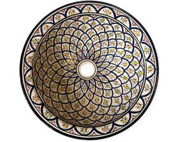 Marokkaanse waskom - Handgemaakte aardewerk opbouw-wasbak - Ø 40 cm - Kleurrijk design met donkergroene rand - Wastafel -