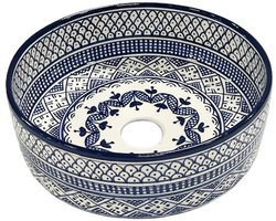 Marokkaanse Waskom - Handgemaakte Keramische Opbouw Wastafel - Oosterse Fontein & Wasbak Badkamer - Handbeschilderde Waskom Fes - Ø35 x 12 cm - Blauw
