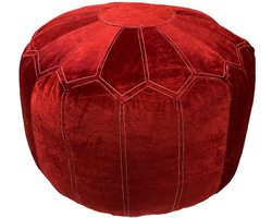 Marokkaanse Zacht Fluwelen Poef – Bordeauxrood – Ø 50 cm – Oversized Ronde Poef / Sidetable – Geborduurd Bloemmotief - Bijzettafel