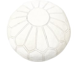 Marokkaanse Zacht Fluwelen Poef – Wit – Ø 50 cm – Oversized Ronde Poef / Sidetable – Geborduurd Bloemmotief - Bijzettafel